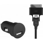 USB A Car Charger Kit 1A + USB A / 30 PIN Cable 1m Black