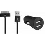 Kit Chargeur Voiture USB A 2A + Câble USB A / 30 PIN 1m Noir