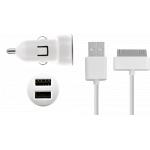 USB A Car Charger Kit 2A + USB A / 30 PIN Cable 1m White