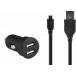 Kit Chargeur Voiture USB A 2A + Câble USB A / microUSB 1m Noir
