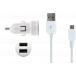 Kit Chargeur Voiture USB A 2A + Câble USB A / microUSB 1m Blanc